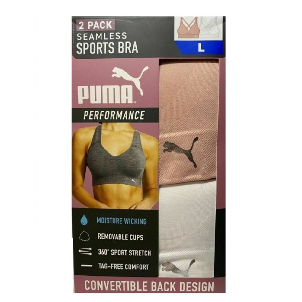 NIB Puma Womens Seamless Sport Bras With DryTech 2 Pack Pink White S M XL $45